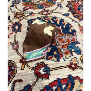 Leonard Paris Silk Tie Brown Paisley Leaf Print Pink Green Border Made in Italy